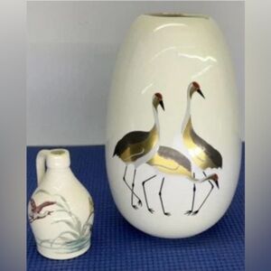Otagiri Vase 6” Tall “Cranes” and small cruet like bottle. Pristine Condition